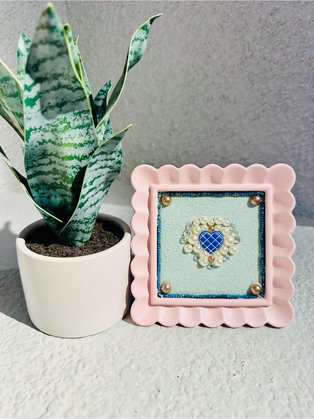Handmade Blue Heart Pearl Mixed Media Framed Art